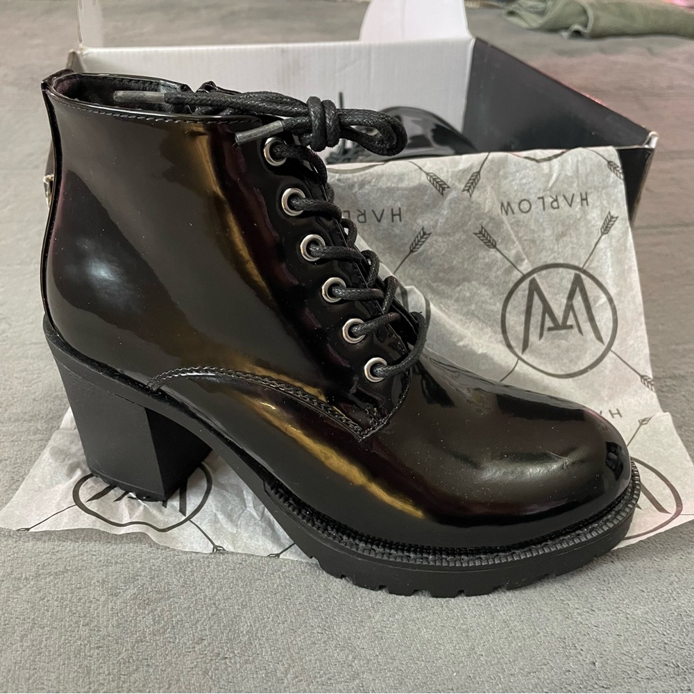 Harlow Black Chunky Heeled Boots - Black - Zippered Sides - Lace Up - Size 7